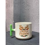 Mor Mürekkep Merry Christmas Geyik Boynuzlu Yeşil Kulplu T Yılbaşı Hediyesi Bardak Kupa Fincan Mug - 67 Adet