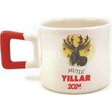 Mor Mürekkep Mutlu Yıllar 2024 Geyik Baskılı Kırmızı Kulplu Kare Yılbaşı Kupası - Açık Gri - Beyaz - 200 ml