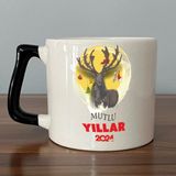Mor Mürekkep Mutlu Yıllar 2024 Geyik Baskılı Siyah Kulplu D Yılbaşı Kupası - Açık Gri - Beyaz - 200 ml
