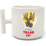 Mor Mürekkep Mutlu Yıllar 2024 Geyik Baskılı Yılbaşı Hediyesi Beyaz Kulplu T Kupa - Açık Gri - Beyaz - 200 ml
