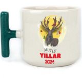 Mor Mürekkep Mutlu Yıllar 2024 Geyik Baskılı Yılbaşı Hediyesi Yeşil Kulplu T Kupa - Açık Gri - Beyaz - 200 ml