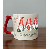 Mor Mürekkep Mutlu Yıllar 3 Noel Baba Baskılı Kırmızı Kulplu D Yılbaşı Kupası - Açık Gri - Beyaz - 200 ml