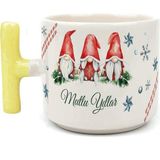 Mor Mürekkep Mutlu Yıllar 3 Noel Baba Baskılı Sarı Kulplu T Yılbaşı Kupası - Açık Gri - Beyaz - 200 ml