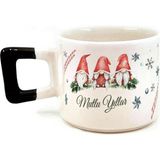 Mor Mürekkep Mutlu Yıllar 3 Noel Baba Baskılı Siyah Kulplu Kare Yılbaşı Kupası - Açık Gri - Beyaz - 200 ml
