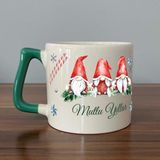 Mor Mürekkep Mutlu Yıllar 3 Noel Baba Baskılı Yeşil Kulplu D Yılbaşı Kupası - Açık Gri - Beyaz - 200 ml
