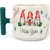 Mor Mürekkep Mutlu Yıllar 3 Noel Baba Baskılı Yeşil Kulplu T Yılbaşı Kupası - Açık Gri - Beyaz - 200 ml