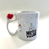 Mor Mürekkep Mutlu Yıllar Kar Taneleri Baskılı Dönen Kalp Figürlü Yılbaşı Kupası - Açık Gri - Beyaz - 200 ml