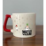 Mor Mürekkep Mutlu Yıllar Kar Taneleri Baskılı Kırmızı Kulplu D Yılbaşı Kupası - Açık Gri - Beyaz - 200 ml