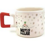 Mor Mürekkep Mutlu Yıllar Kar Taneleri Baskılı Kırmızı Kulplu Kare Yılbaşı Kupası - Açık Gri - Beyaz - 200 ml