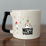 Mor Mürekkep Mutlu Yıllar Kar Taneleri Baskılı Siyah Kulplu D Yılbaşı Kupası - Açık Gri - Beyaz - 200 ml