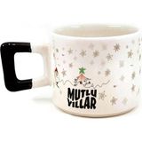 Mor Mürekkep Mutlu Yıllar Kar Taneleri Baskılı Siyah Kulplu Kare Yılbaşı Kupası - Açık Gri - Beyaz - 200 ml