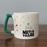 Mor Mürekkep Mutlu Yıllar Kar Taneleri Baskılı Yeşil Kulplu D Yılbaşı Kupası - Açık Gri - Beyaz - 200 ml