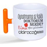 Mor Mürekkep Oynatmama Az Kaldı Doktorum Nerede Baskılı Turuncu Kulplu T Kupa - Açık Gri - Beyaz - 200 ml