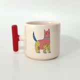 Mor Mürekkep Sarı Pembe Kedi Baskılı Kırmızı Kulplu T Kupa - Açık Gri - Beyaz - 200 ml
