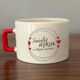 Mor Mürekkep Seninle Aşkın Ne Olduğunu Öğrendim Baskılı Kırmızı Kulplu C Fincan - Açık Gri - Beyaz - 200 ml