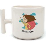 Mor Mürekkep Süper Mom Pelerin Baskılı Beyaz Kulplu T Kupa - Açık Gri - Beyaz - 200 ml