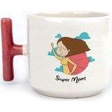 Mor Mürekkep Süper Mom Pelerin Baskılı Kırmızı Kulplu T Kupa - Açık Gri - Beyaz - 200 ml