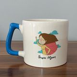 Mor Mürekkep Süper Mom Pelerin Baskılı Mavi Kulplu D Kupa - Açık Gri - Beyaz - 200 ml