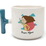 Mor Mürekkep Süper Mom Pelerin Baskılı Mavi Kulplu T Kupa - Açık Gri - Beyaz - 200 ml