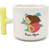 Mor Mürekkep Süper Mom Pelerin Baskılı Sarı Kulplu T Kupa - Açık Gri - Beyaz - 200 ml