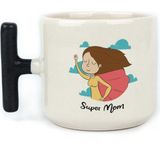 Mor Mürekkep Süper Mom Pelerin Baskılı Siyah Kulplu T Kupa - Açık Gri - Beyaz - 200 ml