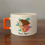 Mor Mürekkep Süper Mom Pelerin Baskılı Turuncu Kulplu C Fincan - Açık Gri - Beyaz - 200 ml