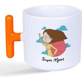 Mor Mürekkep Süper Mom Pelerin Baskılı Turuncu Kulplu T Kupa - Açık Gri - Beyaz - 200 ml