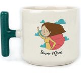 Mor Mürekkep Süper Mom Pelerin Baskılı Yeşil Kulplu T Kupa - Açık Gri - Beyaz - 200 ml