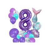Mor Rakam Balon 8 Yaş Deniz Kızı Temalı Doğum Günü Parti Kutlama Seti Konsept 1