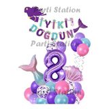 Mor Rakam Balon Deniz Kızı Konsept Parti 8 Yaş Balon Set Mermaid Doğum Günü Balon Set Deniz Kızı