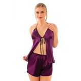 Mor Saten Babydoll Şortlu Takım - 294