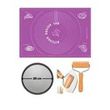 Mor Silikon Hamur Açma Matı 45 X 65 Cm, 28 Cm Pizza Tepsisi Ve Ahşap Saplı Hamur Açıcı Çok Renkli