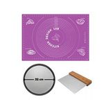 Mor Silikon Hamur Açma Matı 45 X 65 Cm, 32 Cm Pizza Tepsisi Ve Ahşap Saplı Hamur Ve Pizza Kesici Çok Renkli