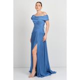 Mor Sposa Kadın Tek Kol Detaylı Derin Yırtmaçlı Şifon Abiye Elbise W0182 Indigo
