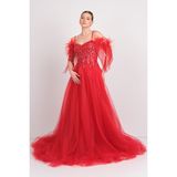 Mor Sposa Kadın Üst Full Taşlı Alt Tül Kabarık Model Maxi Abiye Elbise M100 Kırmızı