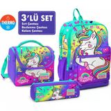 Mor Su Yeşili Unicorn Sırt Çantası 23729+ Beslenme Çantası 11729+ Kalemlik 22029