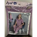 Mor Viskon Düğmeli Beli Lastikli Kısa Kol Üst Uzun Alt Kadın Pijama Takımı 0909