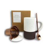 MORA CERAMICS HIT PAUSE Seramik Çay Fincanı Gevşek Yaprak Demlik, Kaşık ve Kapaklı, 340 ml, Mikrodalga ve Bulaşık Makinesinde Yıkanabilir Kahve Kupası - Rustik Mat Seramik Sır, Modern Bitki Çayı Süzgeci - Kadınlar için