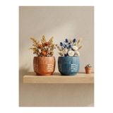 mora store 2'li Antik Desenli Turuncu Mavi Beton Saksı 12,5x11 Cm | Modern Ev Ofis Masa Üstü Saksı