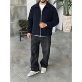 More Black Fitilli Kadife Fermuarlı Ceket - 2XL - Lacivert