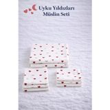 More Home % 100 Pamuk Müslin Örtü, Bebek Battaniyesi 5 Parça Set Kalp Desenli Beyaz Kırmızı