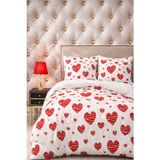 More Home Tek Kişilik Lastikli Çarşaf Nevresim Takımı Kalp Desen Beyaz Kırmızı