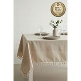 Morlay Linen | Vintage Püsküllü Naturel Keten Masa Örtüsü - Ham Bej Yıkanmış Keten Bohem Sofra Ör - 140 x 180 cm