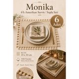Morlay Monika 6 Parça Amerikan Servis Supla Seti %100 Pamuklu Buldan Kumaşı Püsküllü Kare Tabak Altı Servis