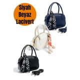 Morlex Siyah - Beyaz - Lacivert 3 lü Set Mini El & Omuz Çantası – Fular Hediyeli Suni Deri