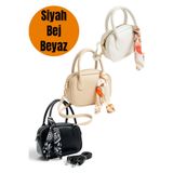 Morlex Siyah Vizon Beyaz 3 lü Set Mini El & Omuz Çantası – Fular Hediyeli Suni Deri