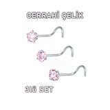 MORNEVA Cerrahi Çelik | Pembe Kalp,Yıldız,Daire Taşlı Kancalı Burun Piercingi 3lü Hızma Set