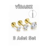 MORNEVA Vidasız Çelik Daire Taşlı Tragus Conch Helix Kıkırdak Kulak Lobe Piercingi (3 Adet Set)