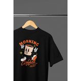 Morning Coffee Baskılı Oversıze Retro Vintage Bisiklet Yaka Pamuklu Kadın ve Erkek Tshırt - Siyah - XL
