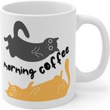 Morning Coffee Cat Porselen Kupa – Sevimli Kedili Kahve Kupası - Beyaz